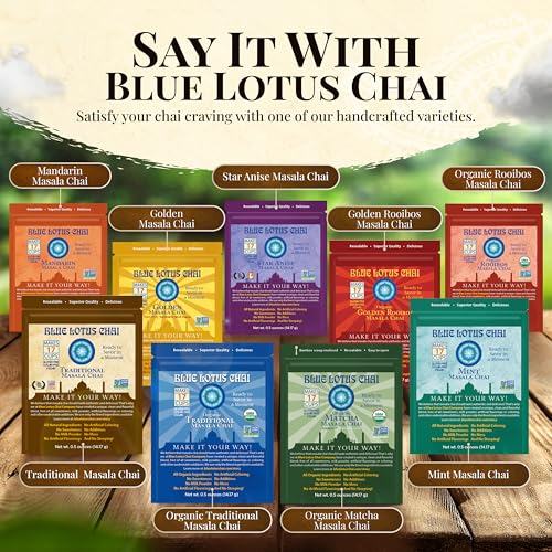 Blue Lotus Chai - Star Anise Masala Chai - Makes 17 Cups - 0.5 oz Pouch Masala Spiced Chai Powder with Organic Spices - Instant Indian Tea No Steeping - No Gluten