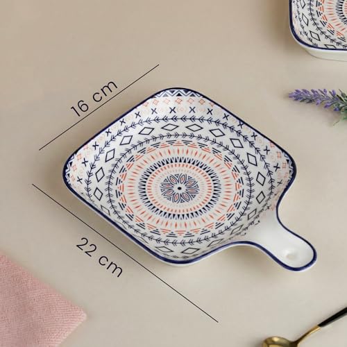 Image of The Earth Store Mandala Ceramic Platter with Handle for Serving Set of 2 | Microwave & Dishwasher Safe Serving Platters for Snacks, Dessert, Starter, Fruits, Salad, Sweets & Appetizers