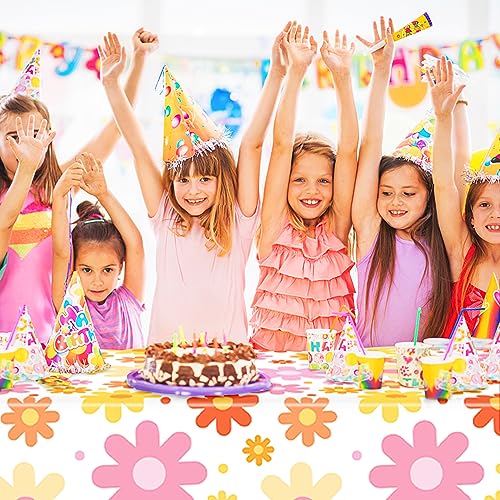 Image of Augisteen Groovy Daisy Tablecloth Plastic Boho Flowers Table Covers Retro Hippies Flower Disposable Rectangle Tablecloths for 70s Boho Birthday Baby Shower Wedding Party 54 x 108 Inch, 4 PCS