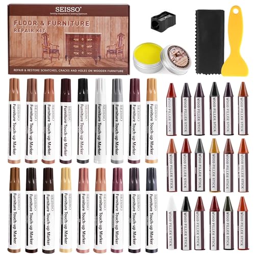 Image of SEISSO Wood Repair Kit, 40 PCs Wood Furniture Repair Kit, Wood Touch Up Markers and Crayons with Polish Wax for Scratches, Stains, Cracks,Holes and Dents, Discoloration for Wooden Surfaces and Floors