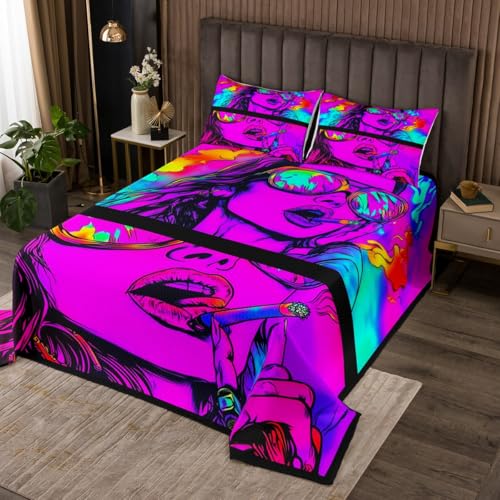 Hippie Style Bedspread Queen Size,Smoke Cool Girl Bedding Sets 3Pcs for Kid Boys Girls Teens Room Deocr,Colorful Neon Mandala Comforter Set Trippy Exotic Coverlet Quilt,2 Pillowcases