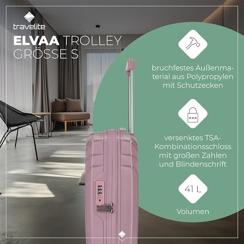 Travelite 4-Rad Hartschalen Handgepäck Koffer klein mit recyceltem Innenfutter, Gepäck Serie ELVAA: Stylischer Trolley mit Schutzecken + TSA Schloss, 55 cm, 41 Liter
