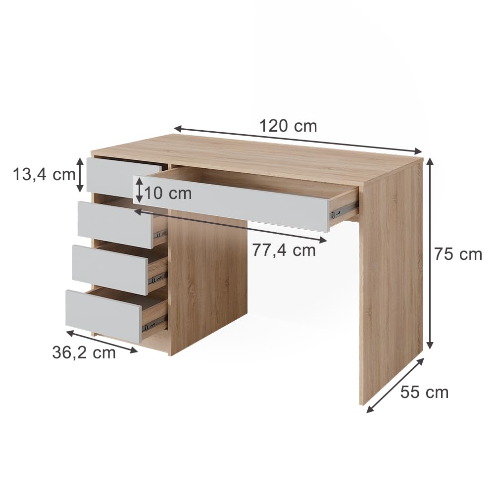 Vicco Bureau Sherry, Sonoma/Blanc, 55x120cm avec tiroirs, Convient comme Poste de Travail pour Le télétravail ou Les études