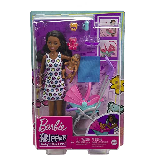 Barbie Skipper Babysitter Inc, Skipper mit schwarzen Haaren, Baby mit braunen Haaren, Kinderwagen, Babytrage, Zubehör, inkl. 2 Puppen, Geschenk für Kinder, Spielzeug ab 3 Jahre,HHB68