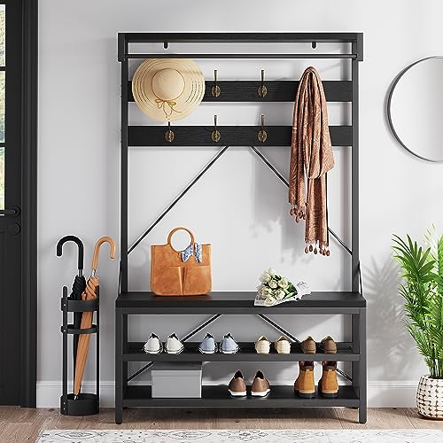 IDEALHOUSE Coat Rack Shoe Bench Industrial Hall Tree Storage Bench for Entryway, Wood Look Accent Large Shoe Rack with Storage Shelf Hanging Bar and 8 Hooks Black 39.9"x15.7"x72"