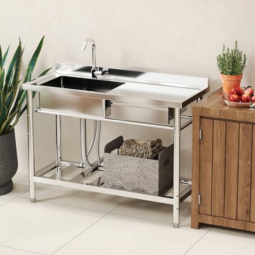 Toemics Stainless Steel Utility Sink, 47.2\'\' Free Standing Single Bowl Kitchen Sink with Cold and Hot Water Pipe, Right Drawer, Indoor and Outdoor for Laundry Room Farmhouse Kitchen(47.2 inch) - Thumbnail 2