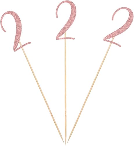 Palitos de centro de mesa de cumpleaños con purpurina de oro rosa, paquete de 12 decoraciones de fiesta de aniversario número 2