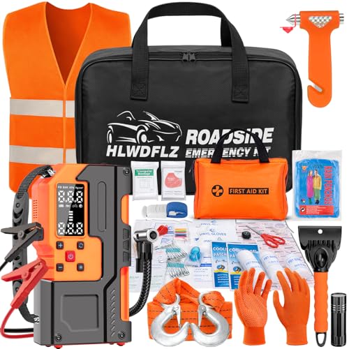 HLWDFLZ Car Roadside Emergency Kit, Jump Starter with Air Compressor,