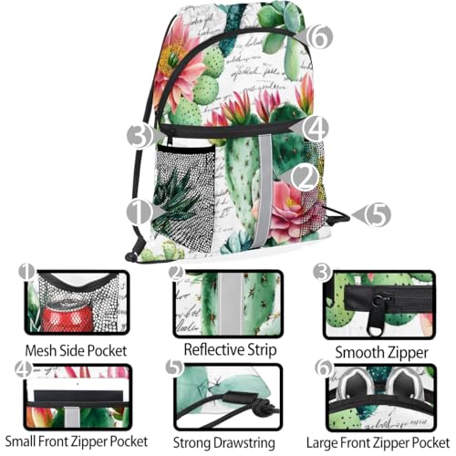 Tropical Cactus Drawstring Backpack with Water Bottle Pocket Lightweight String Bag Space Cacti Floral Sports Gym Swim Sackpack for Men Women4