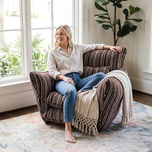 Image of Chenille Accent Chair with Lumbar Pillow, Brown Stripe, Wide Armrests, Deep Seat, 7 Inch High-Density Foam, 350 lbs Capacity