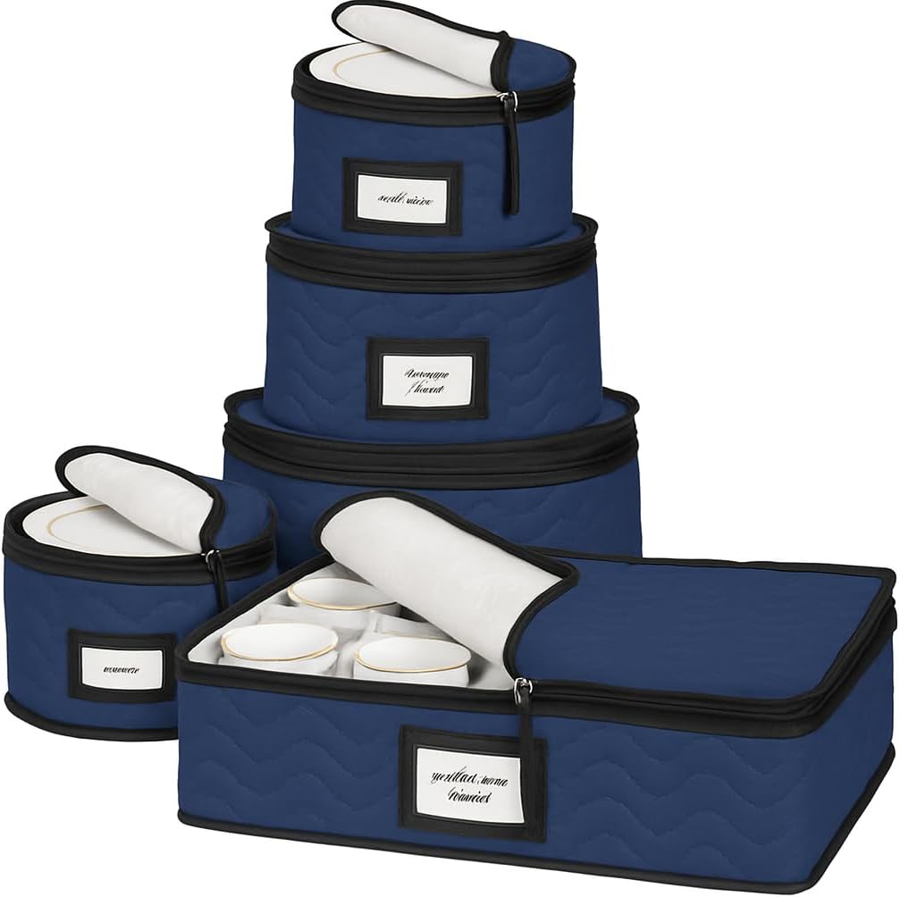 China Storage Containers 5-Piece Set Moving Boxes for Dinnerware, Glasses, Plates, Mugs and Saucers Sturdy Quilted Microfiber Dish Organizer with Dividers for Seasonal Storage - Holds Set of 12, Brown