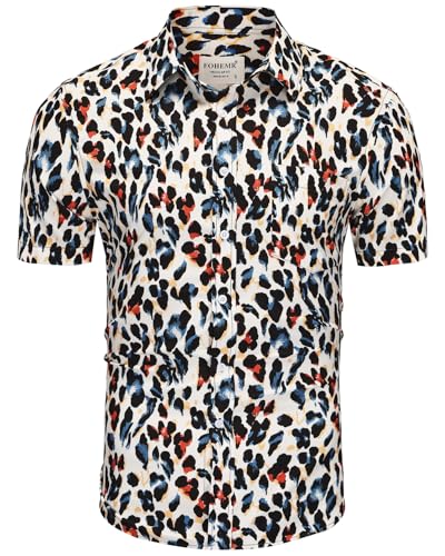 Image of fohemr Mens Leopard Printed Shirt Short Sleeve Casual Button Down Retro Cheetah Print Shirt Brown XX-Large