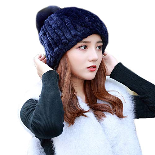 DTLDYG Femmes Fourrure de Lapin Rex Réel Chapeau Fourrure Ballon Pompom Verticale Formes Hiver Chaud Doux (Bleu Marin) Cover
