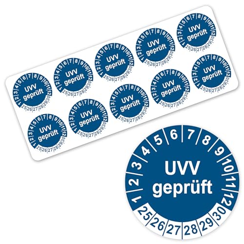 LabelTec Prüfplaketten UVV geprüft Prüfaufkleber 2025-2030 für Maschinen und Fahrzeuge Aufkleber Prüfetiketten UVV-Prüfung Plaketten wasserfest Folie selbstklebend LTD020 (50, Blau, ⌀20mm)