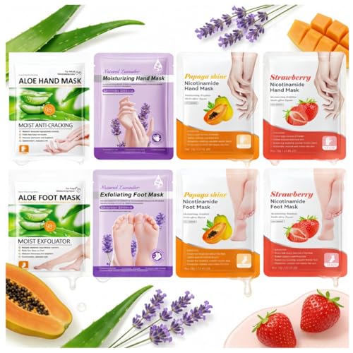 DTTLYKSYBHJ Hand & Foot Mask Set (8 Packs) - At-Home Hand & Foot SPA | Aloe/Lavender/Papaya/Strawberry + Nicotinamide Masks: Hydrating for Dry Skin Reducing Roughness