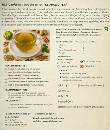 Image of RLB-CHOICE Slimming Tea - Natural Detox Tea for Weight Loss, Boosts Metabolism & Suppresses Appetite - 30 Day Supply (30 Tea Bags), 60gm (PACK OF 1)