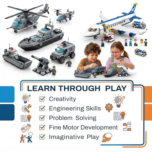 Image of SKY LINE OCEAN Airport Adventure & Naval Forces Building Block Combo Set, 622+ PCS Passenger Airplane, Airport Playset & 6-in-1 Naval Forces Construction Kit, 5-Year Structural Warranty