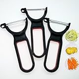 Pelador De Patatas para Cortar Frutas, Verduras y Hortalizas. Kit de Tres Peladores de Cocina de Caucho Termoplástico, Polipropileno y Acero Inoxidable. Cortador de Alimentos y de Vegetales.