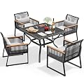 YITAHOME 5-Piece Outdoor Patio Furniture Dining Set, All-Weather Rattan Conversation Set with Wood Armrest, Soft Cushions and Glass Top Dining Table for Backyard Deck (Black+Light Gray)