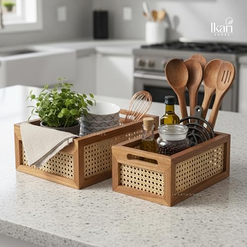 Image of Ikari Homes Duo Weave Rattan Storage Basket with Wooden Frame & Mesh Design | 34x25x15 cm Brown Rattan Organizer Basket for Kitchen, Closet & Shelves | Decorative Multipurpose Storage (Pack of 2)