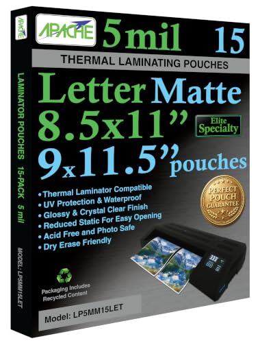 Image of Apache Letter Size Matte Laminating Pouches, 5 Mil, 15 Pack, Holds 8.5 x 11 Inch Projects (9x11.5 inch Pouch Size), Thermal Laminator Laminating Sheets, Clear, Round Corners, Elite Specialty Line