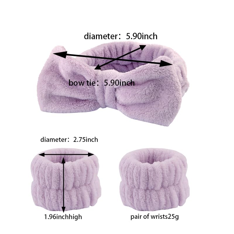 Bowknot Hair Bands for Skincare Headband and Wristband Set Washing Face Head Band Purple Makeup Hair Band and Wrist Band for Women Face Wash Arm Cuffs and Headband for Girls Skin Care Headbands 3Pcs - Image 4