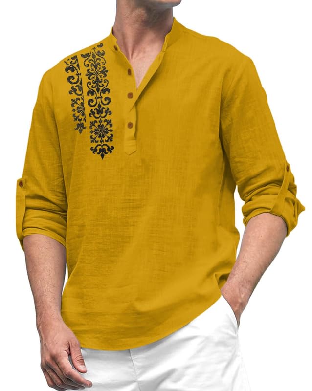 Image of FINIVO FASHION Men's Cotton Blend Short Kurta Shirt | Casual Ethnic Wear with Roll-Up Sleeves & Mandarin Collar | Comfortable Fit Tunic for Festive, & Summer Outings