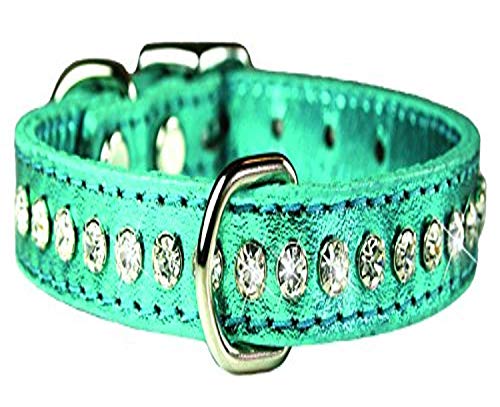 Image of Signature Leather Crystal Dog Collar, Metallic Turquoise Solid Grain Leather, Fits 11.5 inch-13.5 inch Neck Size, 16 inch Overall Length