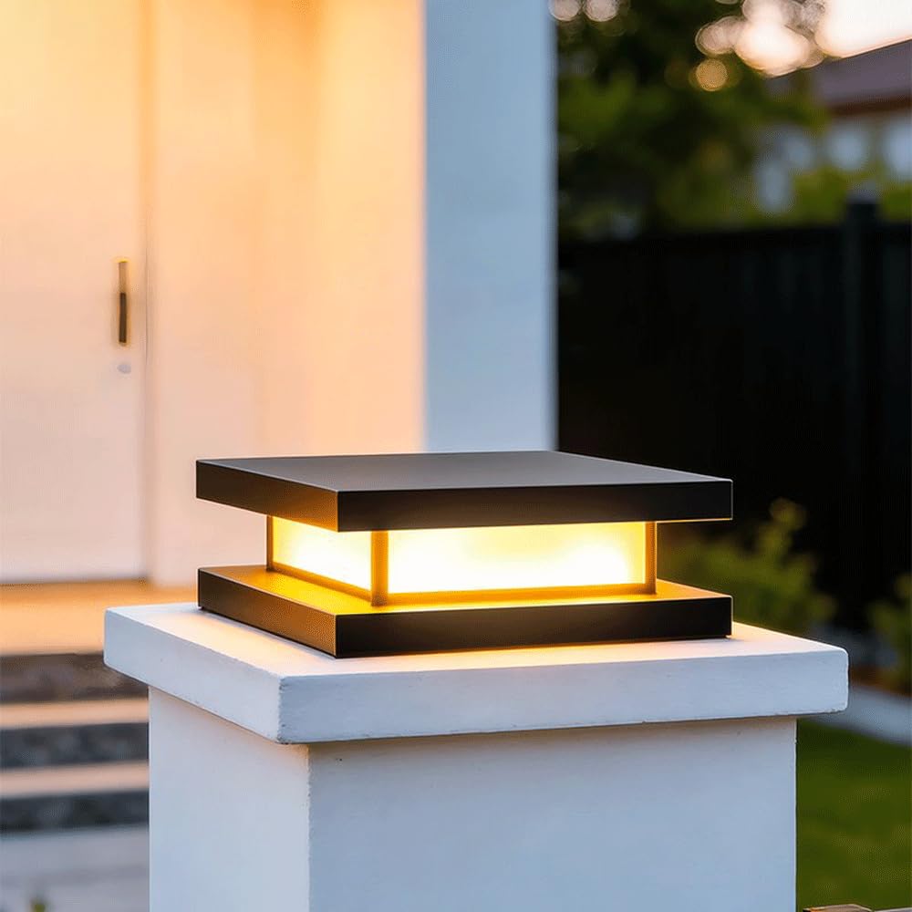 Post Caps Lights For Outdoor Flat Surface Column Lamps Waterproof Gate Pedestal Bollard Lighting Hardwired 3000K LED Pillar Lights Fence Deck Lanterns Modern Black Pier Mount Lamps For Patio Mailbox