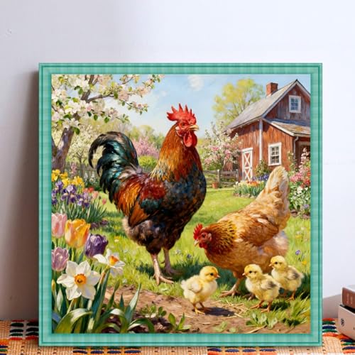 Image of KYOQFVN Farm Counted Cross Stitch Kits for Adults, Rooster Stamped Cross Stitch Kits, Needlepoint Cross-Stitch Patterns Embroidery Kits Arts and Crafts for Home Decor 14x14Inch