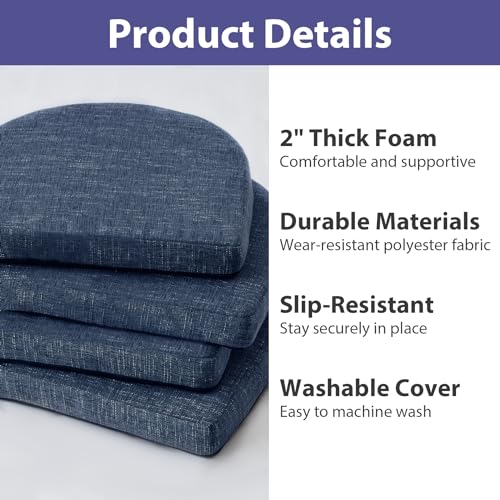Chair Cushions for Dining Chairs with Ties and Removable Cover, Dining Kitchen Chair Pads with Non-Slip Bottom, High-Resilience Indoor Seat Cushions, 16'' x 16'' x 2'', Set of 4, Navy