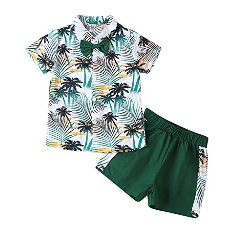 Toddler Kids Baby Boys 2-Piece Summer Outfit Set Short Sleeve Lapel Bowknot Button Down Shirt + Shorts Pants Sets (Green,4-5T)