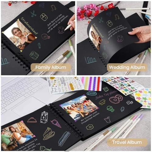 Image of HASTHIP DIY Photo Memory Scrapbook Kit with Spiral Album, Cover Window, Stickers & Metallic Pens for Personalized Travel, Wedding, and Celebration Keepsakes