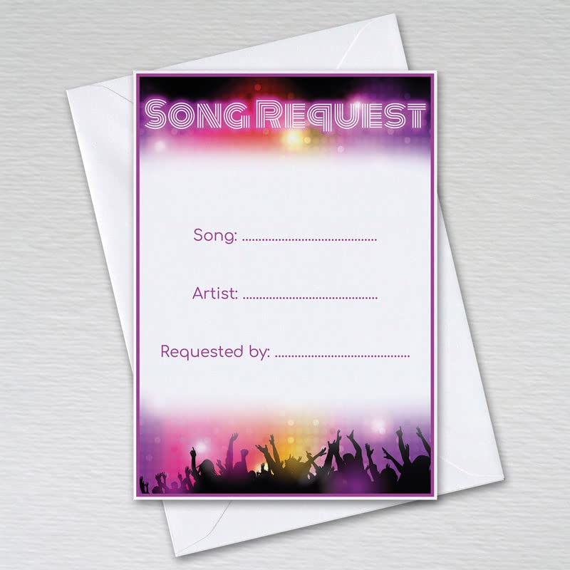 Pack of 20 Song Request Cards with Envelopes - Wedding Party DJ - A6 Non-Folded Retro Pink Design