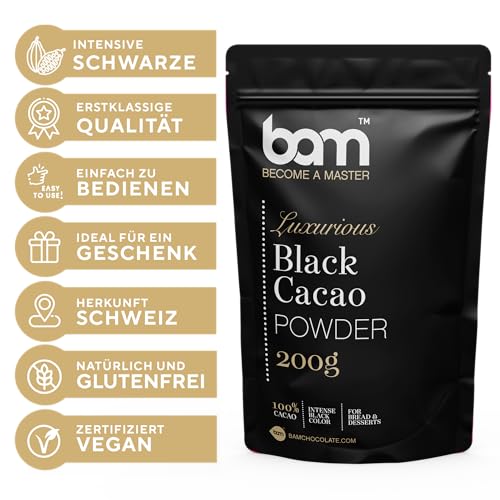 BAM Luxuriöses Kakaopulver, 100% Back-Kakao, intensive Cocoa Powder Farbe für Brot und Desserts (Schwarzes Kakaopulver, 200 g)