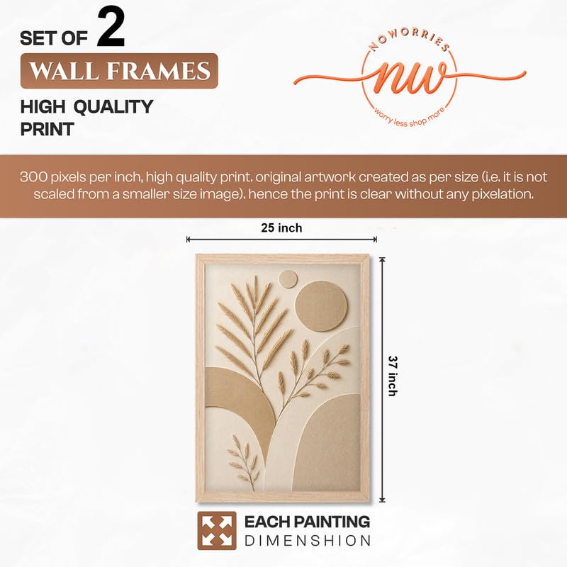 Image of NoWorries Minimal Botanical Wall Painting Set of 2 with Frame | Neutral Beige Fern Leaf & Pampas Grass Abstract Artwork, Soft Nature Wall Decor for Living Room, Bedroom, Office and Home Decoration (Art-6, 25x37inch)