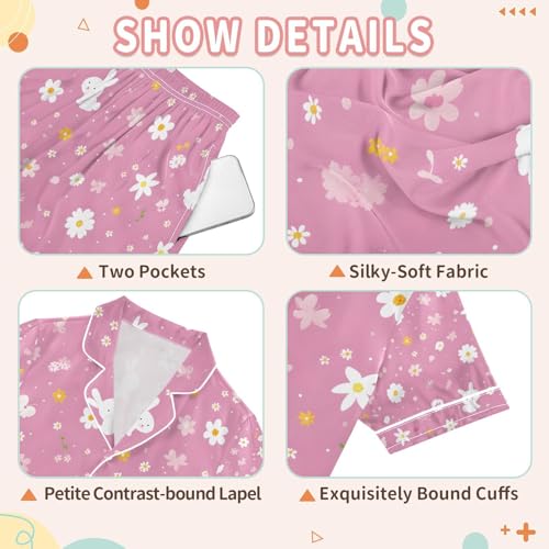 senya Rabbits Flowers Pink Satin Summer Pajama Sets Silk Short Sleeve Button Down Sleepwear3