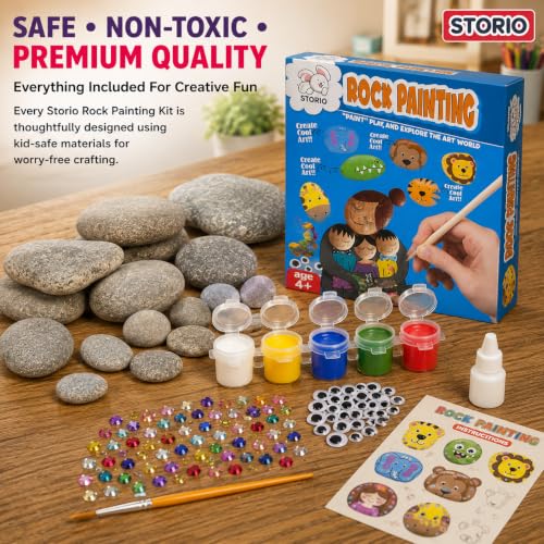 Image of Storio Rock Painting Kit with Googly Eyes, Gems, Water Colours, Arts and Crafts Activity Set for Kids 4+ Years, Gift for Boys and Girls, Multicolor