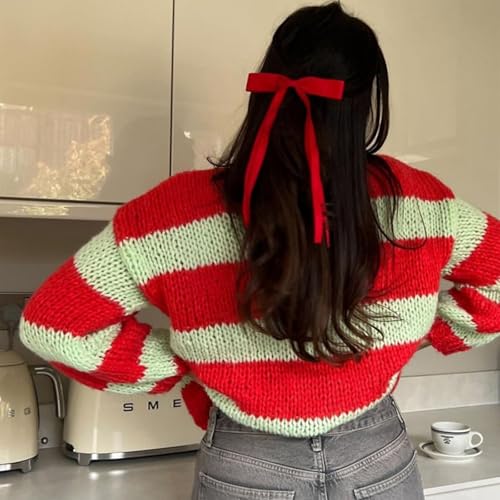 Image of Women Y2K Striped Sweater 90s Vintage Aesthetic Long Sleeve V-Neck Knit Pullover Jumper Loose Fall Sweatshirt