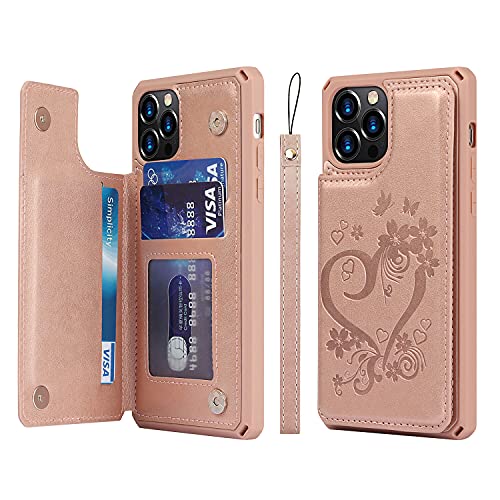 Étui portefeuille iPhone 12 Pro Max Cavor en cuir rose doré avec porte-cartes chic