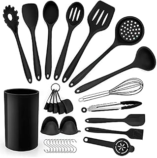 Herogo Silicone Kitchen Utensil Set, 30 Piece Cooking Utensils with Holder, Heat Resistant Kitchen Tools Set for Non-Stick Cookware Pans, Turner Spatula Whisk Tong 10 Hooks, Dishwasher Safe - Black