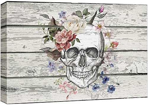 wall26 Canvas Print Wall Art Skull with Vibrant Flower Bouquet on Wood Panels Floral Flower Illustrations Modern Art Rustic Scenic Relax/Calm Multicolor for Living Room, Bedroom, Office - 16"x24"