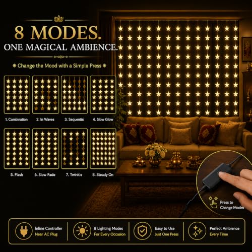 Image of Gesto Star Curtain Fairy Lights for Decoration - 80 Led String Lights with 8 Modes Changer | Warm White Decorative Lights for Home Decor, Room,Wall, Balcony, Christmas & Diwali Decoration- 10x3 Ft