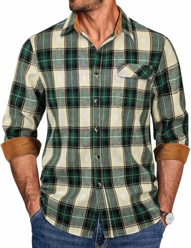 COOFANDY Men's Casual Button Down Regular Fit Long Sleeve Plaid Flannel Shirts Green