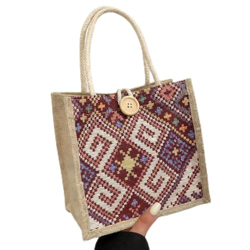 Bolsa de mão feminina casual de juta bordada personalizada bolsa bento reutilizável sacolas de compras, Vermelho, One Size