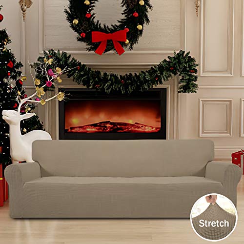 Image of Easy-Going Stretch 4 Seater Sofa Slipcover 1-Piece Sofa Cover Furniture Protector Couch Soft with Elastic Bottom for Kids, Polyester Spandex Jacquard Fabric Small Checks Natural
