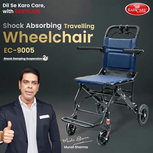 Image of EASYCARE - Portable, Metal, with Attendant Break, feature Safety Belt, Back Pocket and Carry Bag, Easy for Mobility Travelling Wheelchair (Blue Travel Wheelchair)