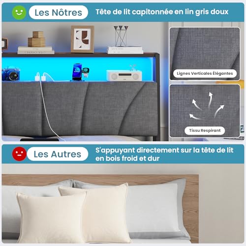 Lit 140x190 LED avec prises & USB, tête lin Brinlawb