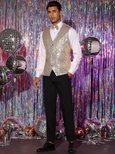 Lars Amadeus Men's Sequin Waistcoat Shiny Sleeveless Party Prom Dress Suit Vest with Bow Tie4