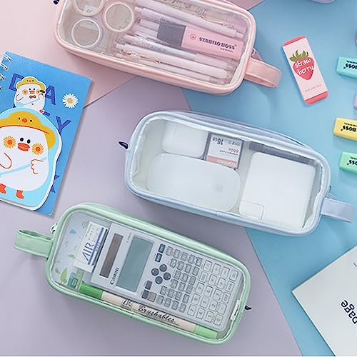 Image of Oyachic 2 Compartment Pencil Case Clear Mesh Pen Pouch Grid Makeup Cosmetics Bag Transparent Marker Organizer Office Business Travel Adults,blue